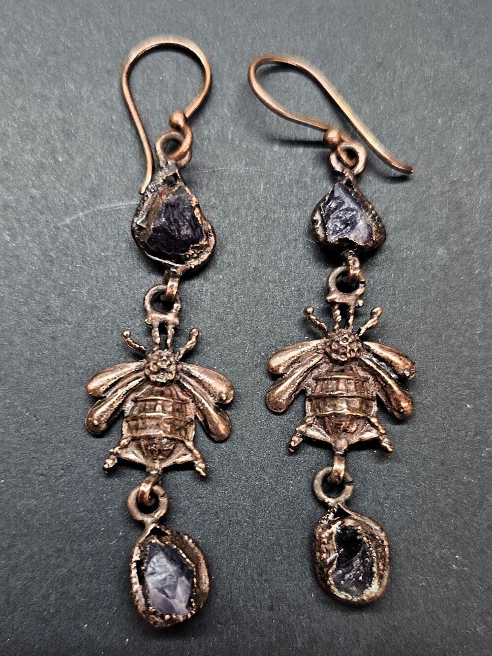 Handmade Copper Honey Bee Earrings, African Amethyst Gemstone Jewelry, NWOT
